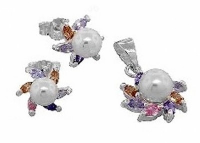 Set Plata 925 diseño de Flor con Perlas y Cristales